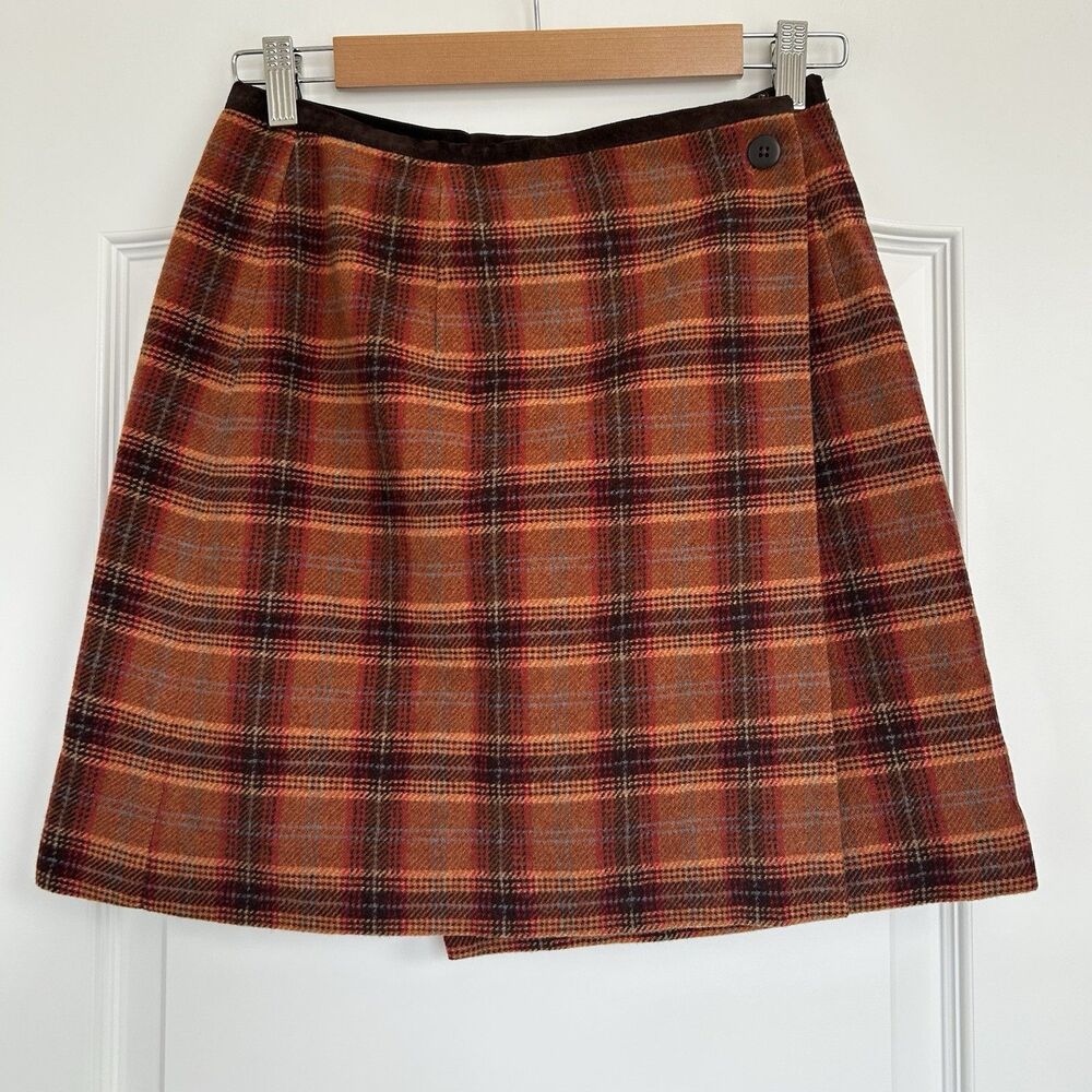 Vtg Plaid Wrap Wool 2 Mini Skirt Orange Leather Trim Geek Dark Academia Preppy